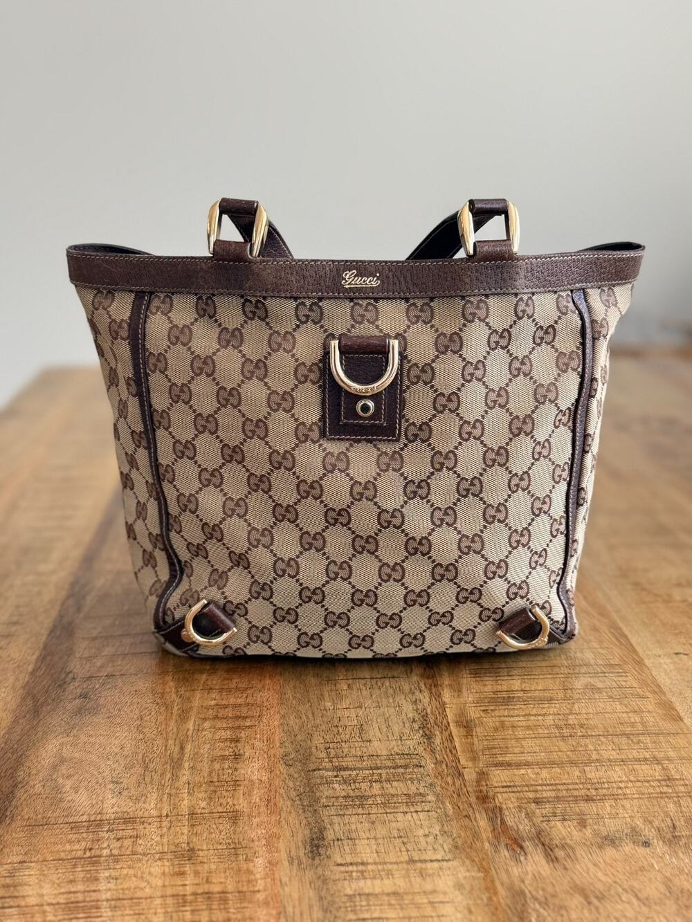 Gucci Abbey D-Ring Tote Bag GG Canvas Beige Brown Leather Trim 130739